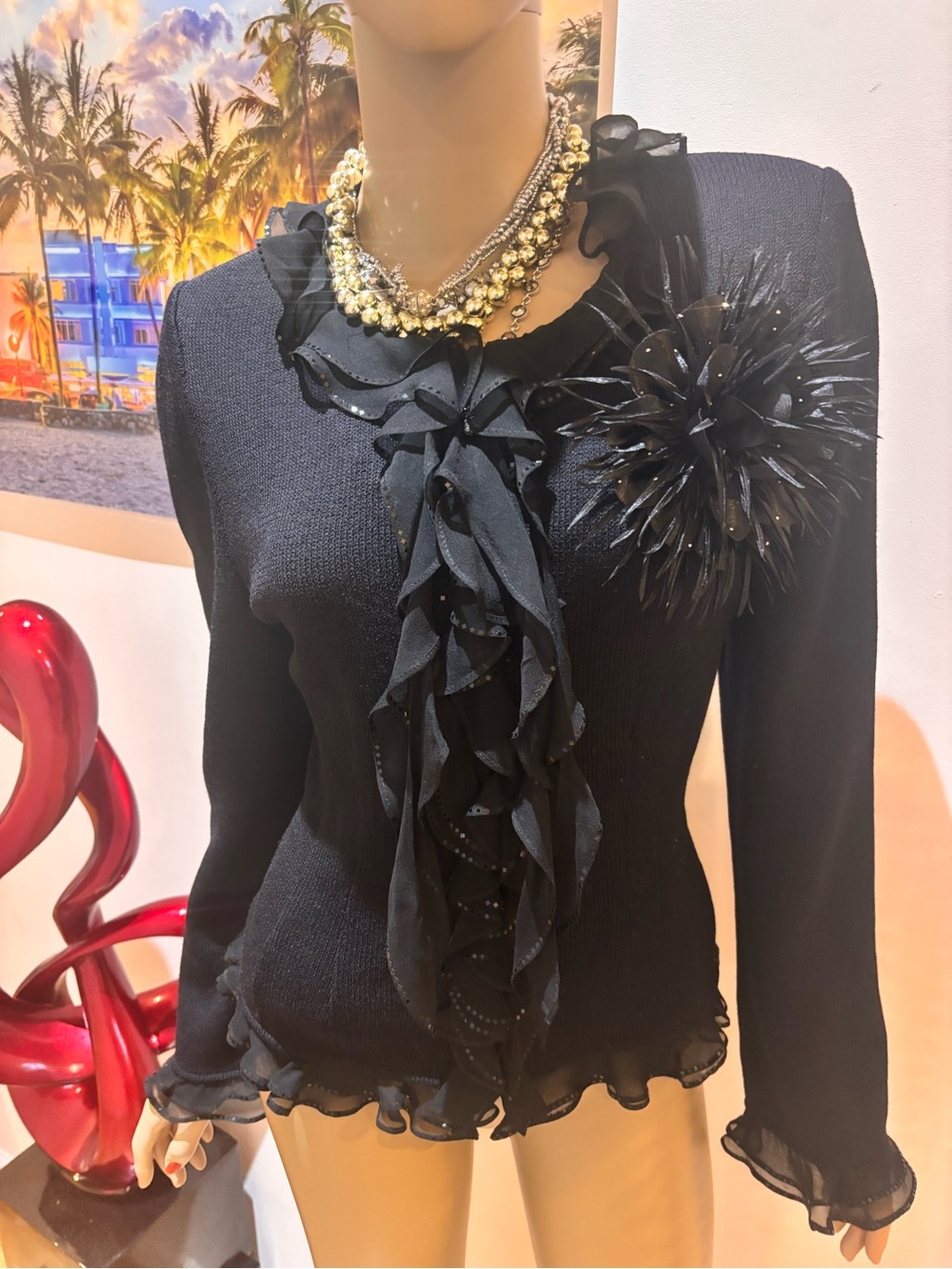 St. John Black Ruffle  Blazer Jacket elegant 8 frills embellished - Picture 3 of 5